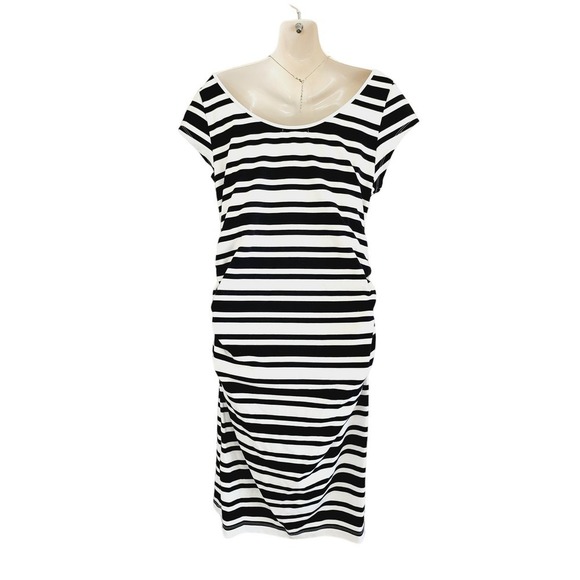 Soon Maternity Striped Cap Sleeve Ruched Bodycon Jersey Knit Dress Black White L - Picture 7 of 9